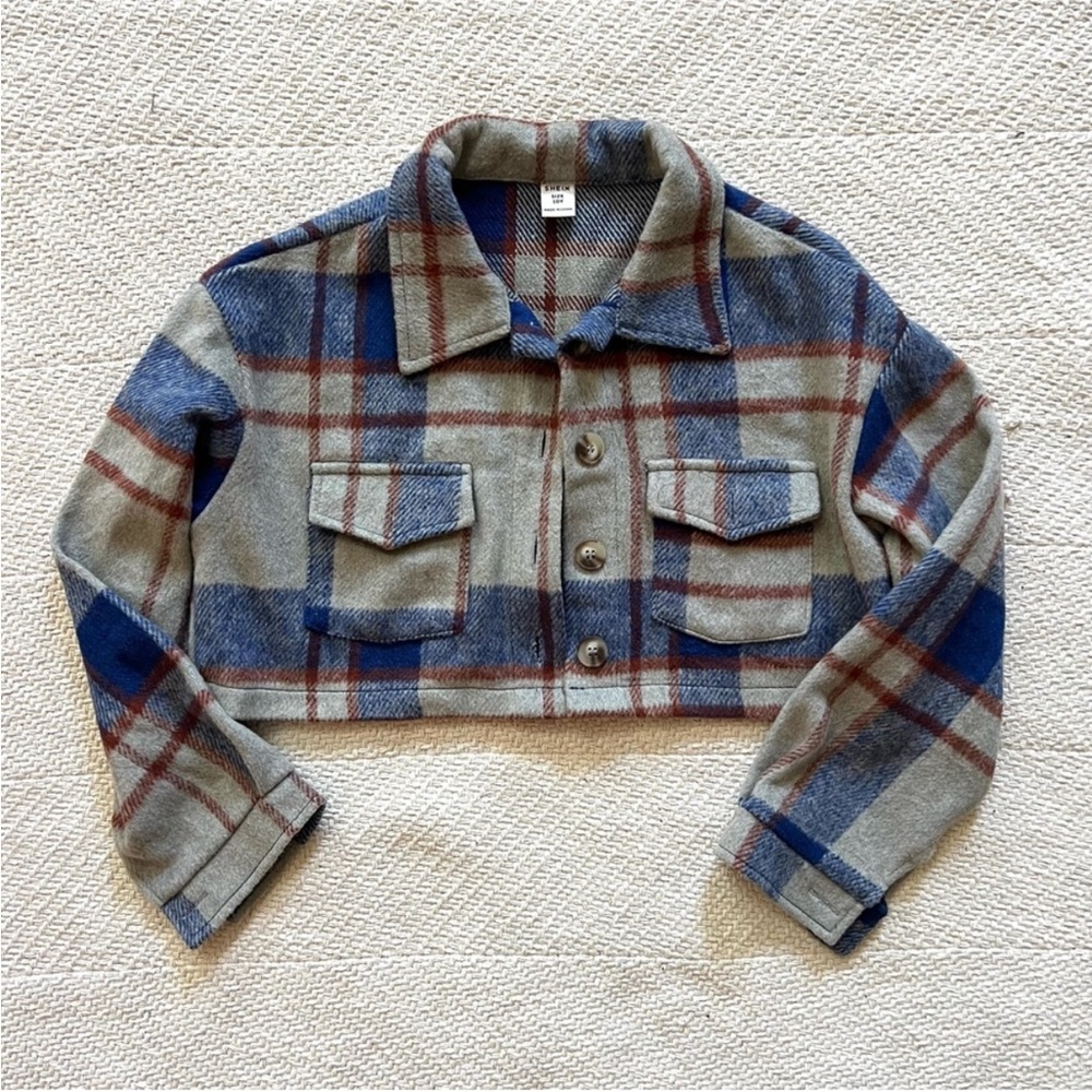 Shein Kids Plaid Brushed Flannel Button Down Cropped Shirt size 10 years